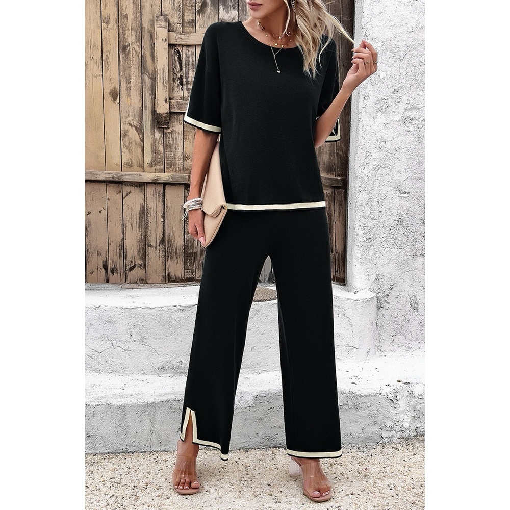 Two Pieces Outfits Knit Short Sleeve Wide Leg Lounge Sets - Picture 3 of 13